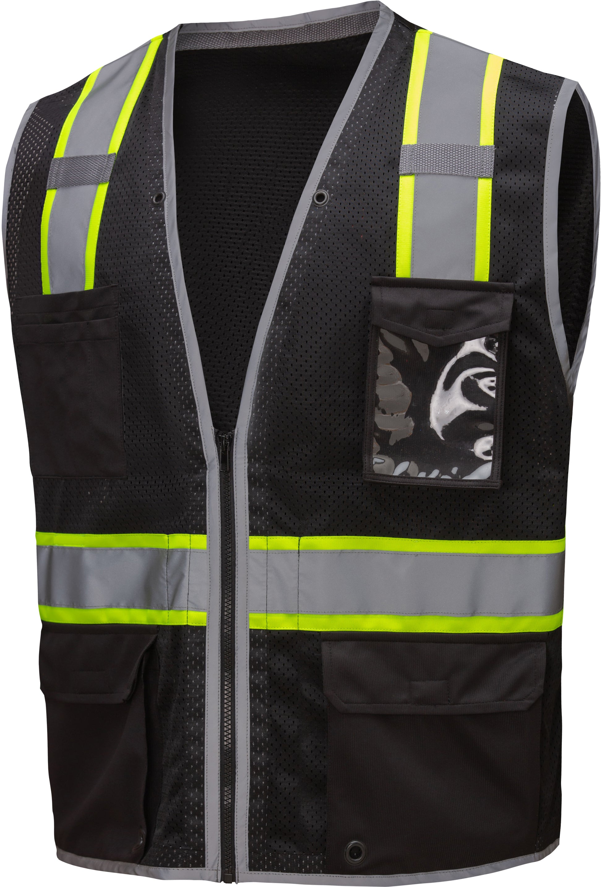 Black hi-vis safety vest with reflective yellow and silver stripes from GlowSafetyVest
