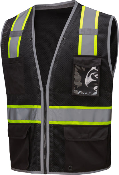 Black hi-vis safety vest with reflective yellow and silver stripes from GlowSafetyVest