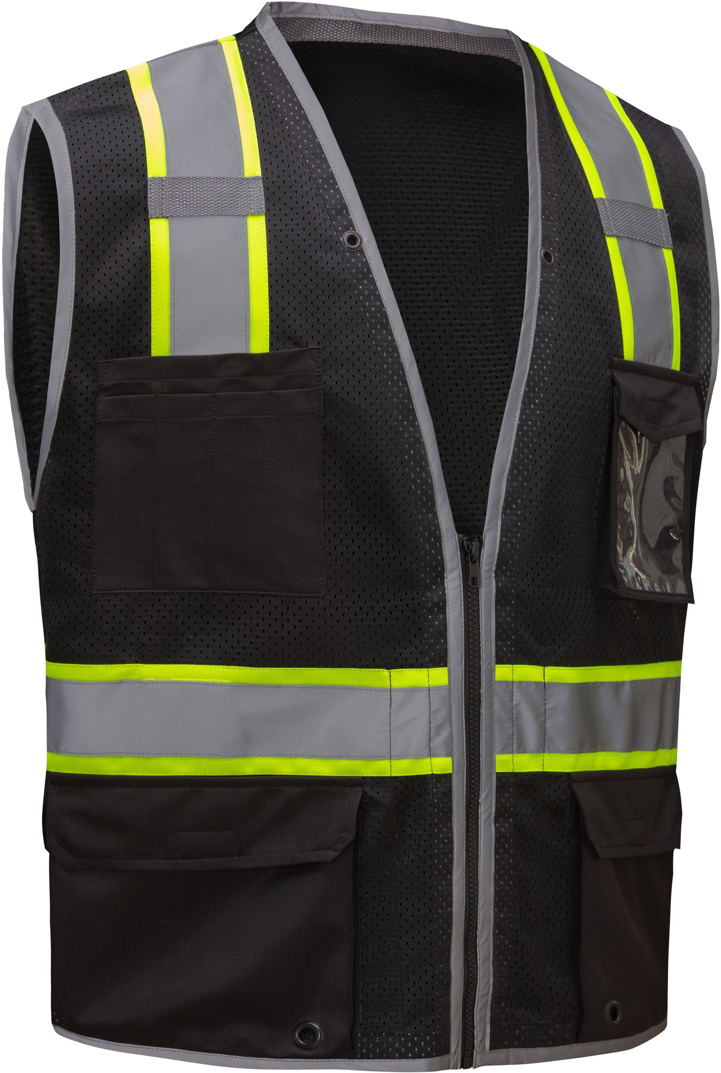 Black hi-vis safety vest with reflective yellow and silver stripes from GlowSafetyVest