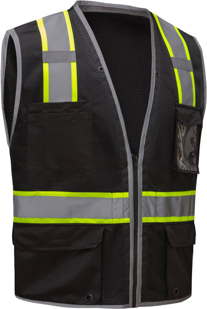 Black hi-vis safety vest with reflective yellow and silver stripes from GlowSafetyVest