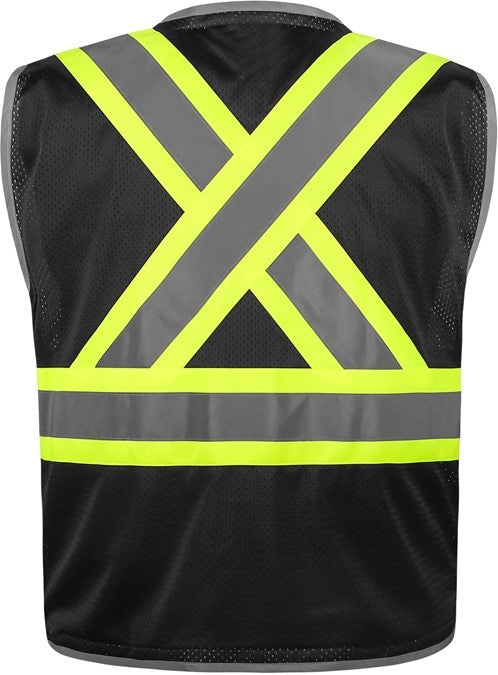 Black mesh safety vest with reflective yellow and silver tape with X back from GlowSafetyVest