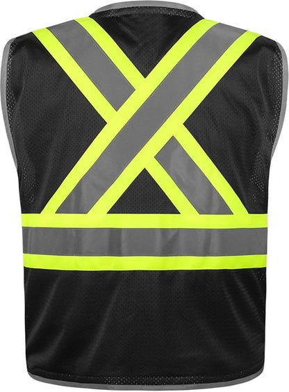 Black mesh safety vest with reflective yellow and silver tape with X back from GlowSafetyVest