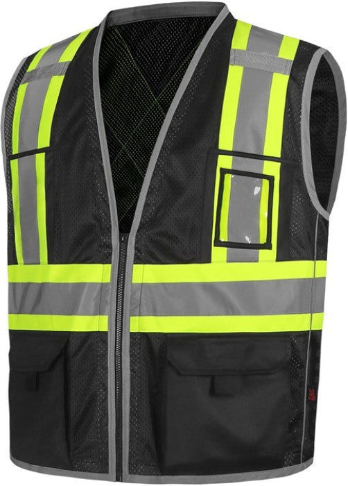 Black mesh safety vest with reflective yellow and silver tape with X back from GlowSafetyVest
