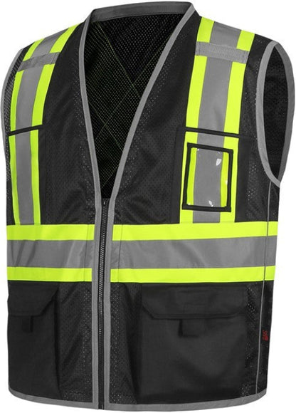 Black mesh safety vest with reflective yellow and silver tape with X back from GlowSafetyVest