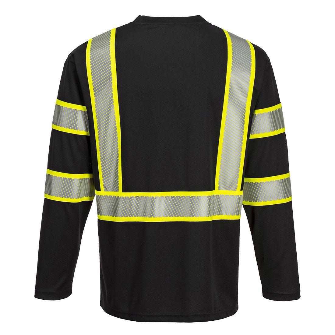 Black long-sleeve safety shirt with segmented reflective yellow and silver tape from GlowSafetyVest