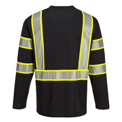Black long-sleeve safety shirt with segmented reflective yellow and silver tape from GlowSafetyVest
