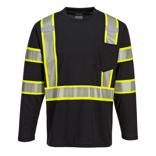 Black long-sleeve safety shirt with segmented reflective yellow and silver tape from GlowSafetyVest