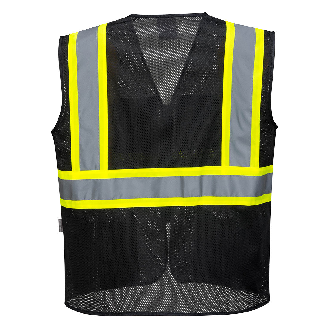 Black mesh safety vest with reflective yellow and gray tape from GlowSafetyVest