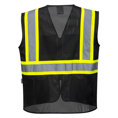 Black mesh safety vest with reflective yellow and gray tape from GlowSafetyVest