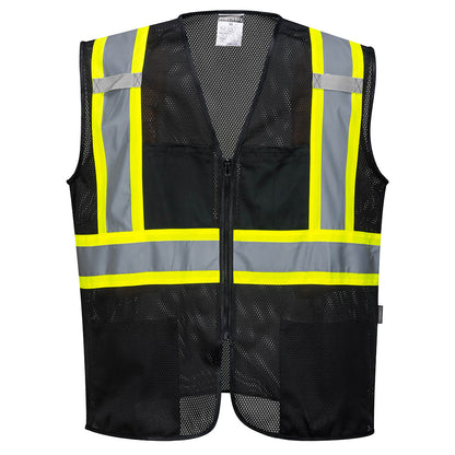 Black mesh safety vest with reflective yellow and gray tape from GlowSafetyVest