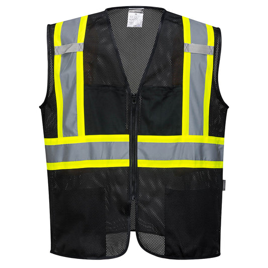 Black mesh safety vest with reflective yellow and gray tape from GlowSafetyVest