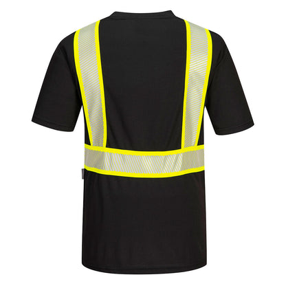 Black short sleeve segmented safety shirt with reflective yellow and silver tape from GlowSafetyVest