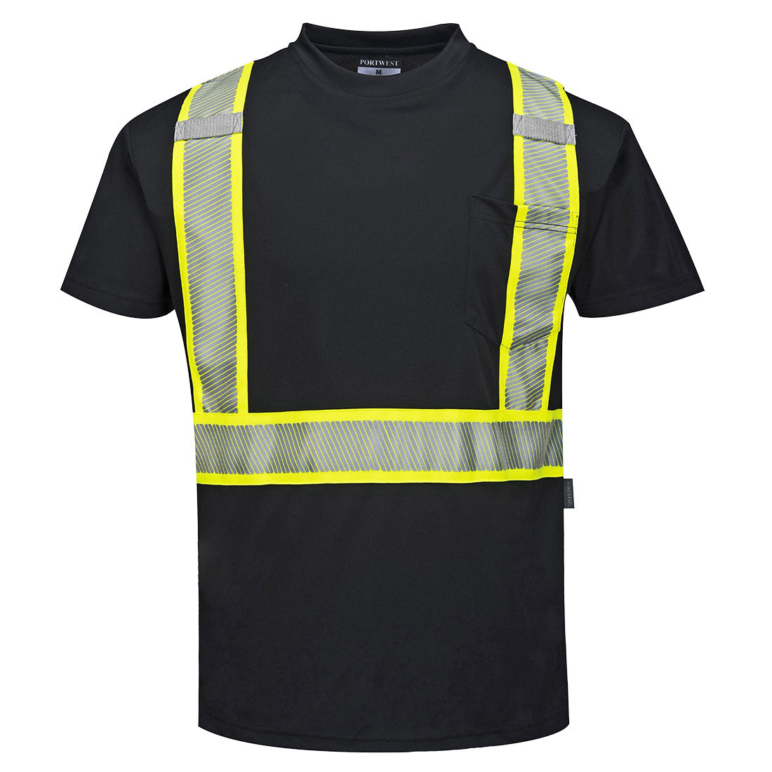 Black short sleeve segmented safety shirt with reflective yellow and silver tape from GlowSafetyVest