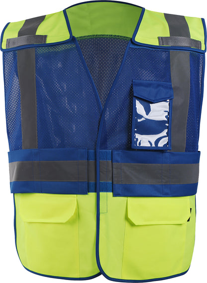 Two-tone lime and blue breakaway safety vest with reflective tape from GlowSafetyVest
