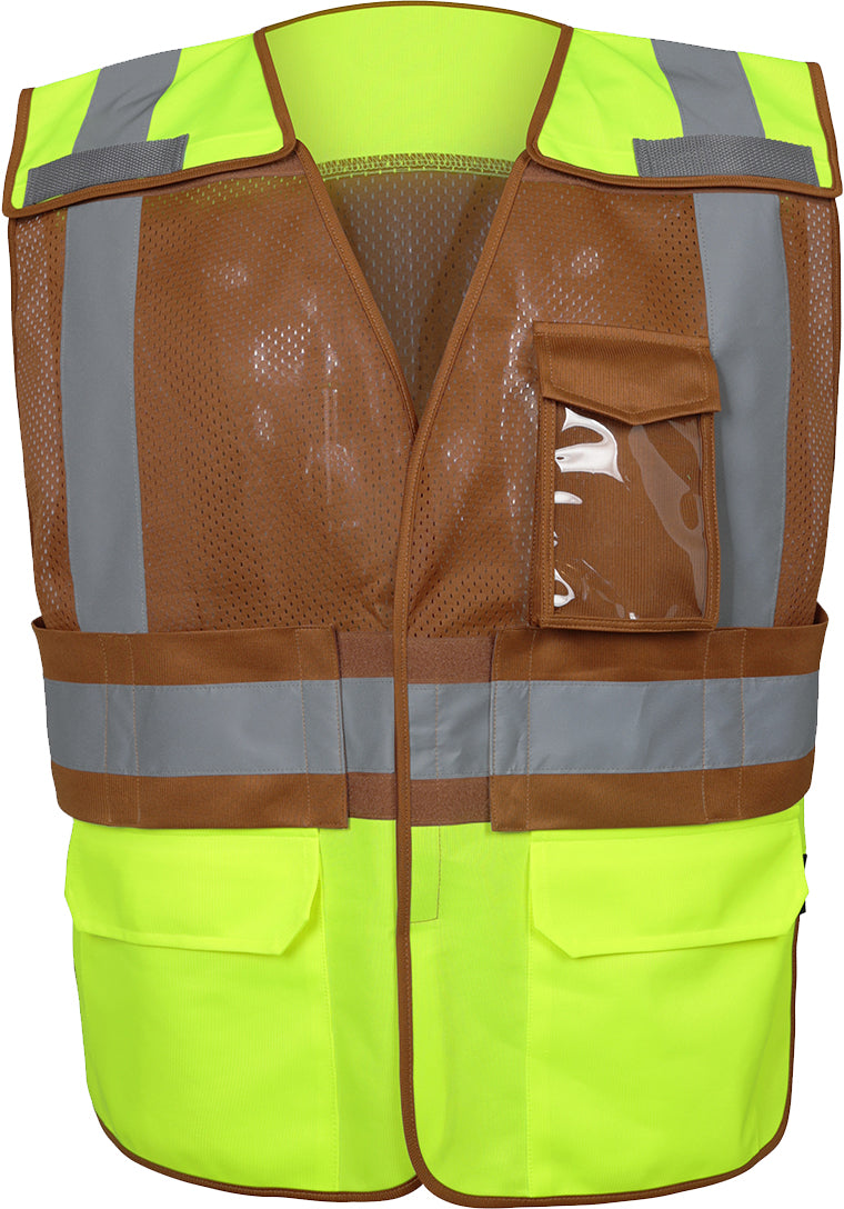 Lime and Brown High-visibility safety vest with reflective tape from GlowSafetyVest