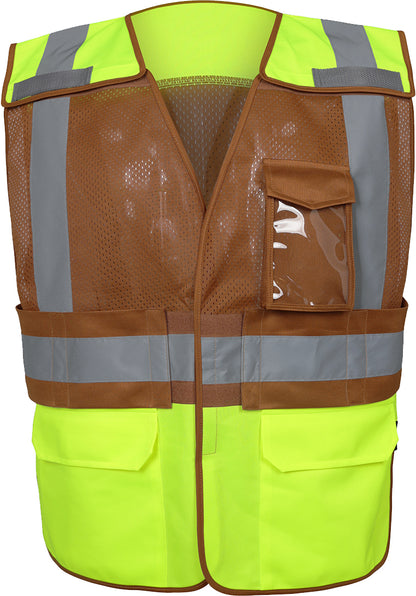 Lime and Brown High-visibility safety vest with reflective tape from GlowSafetyVest