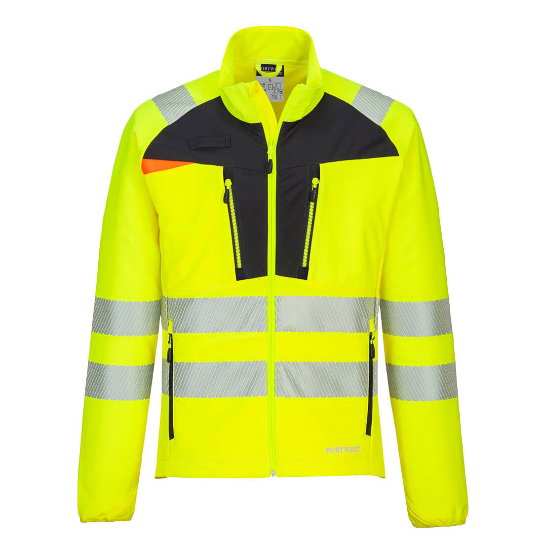 High-visibility modern design yellow and black jacket with segmented reflective stripes from GlowSafetyVest