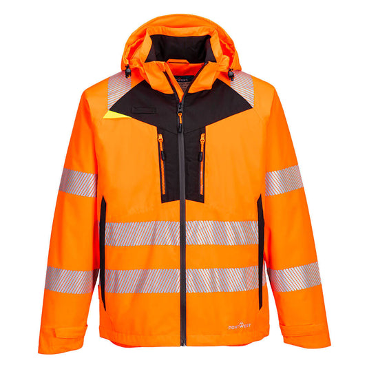 Orange modern ANSI safety jacket with segmented reflective stripes from GlowSafetyVest