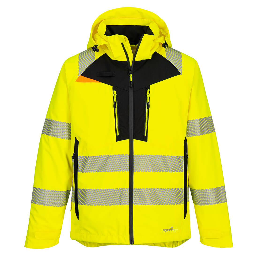 Yellow hi-vis modern safety jacket with segmented reflective stripes from GlowSafetyVest