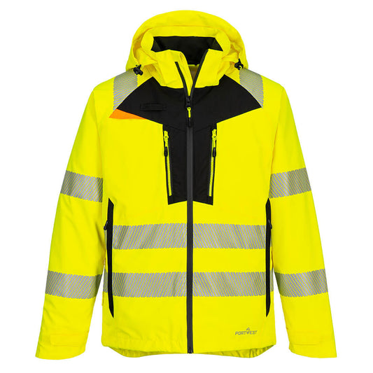 Yellow hi-vis modern safety jacket with segmented reflective stripes from GlowSafetyVest