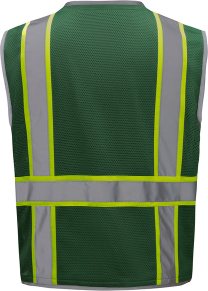 Green hi-vis mesh safety vest with silver reflective stripes from GlowSafetyVest