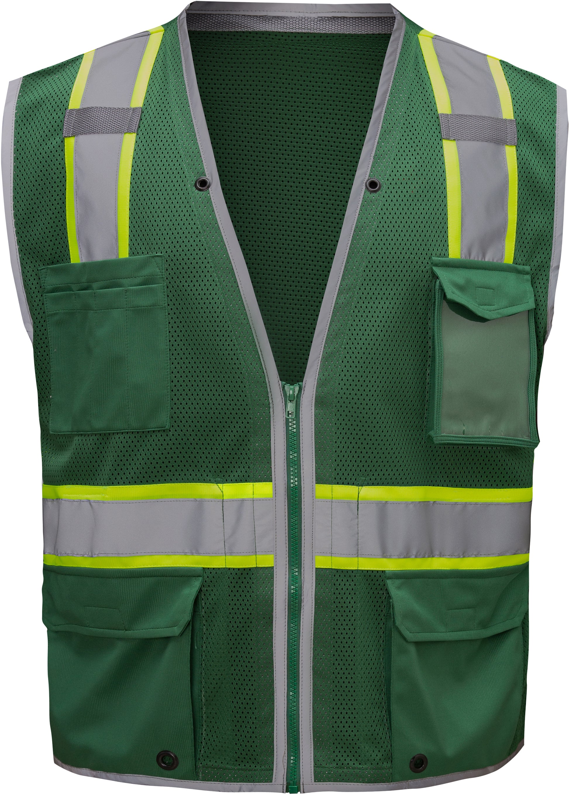 Green hi-vis mesh safety vest with silver reflective stripes from GlowSafetyVest