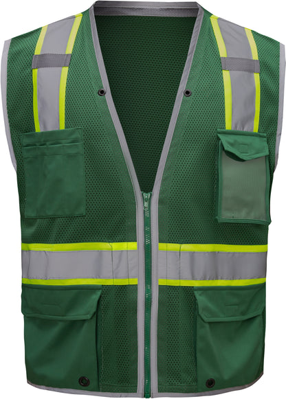 Green hi-vis mesh safety vest with silver reflective stripes from GlowSafetyVest
