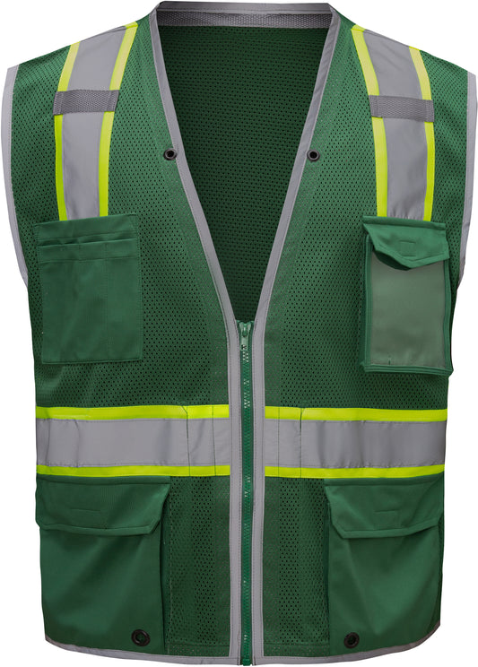 Green hi-vis mesh safety vest with silver reflective stripes from GlowSafetyVest