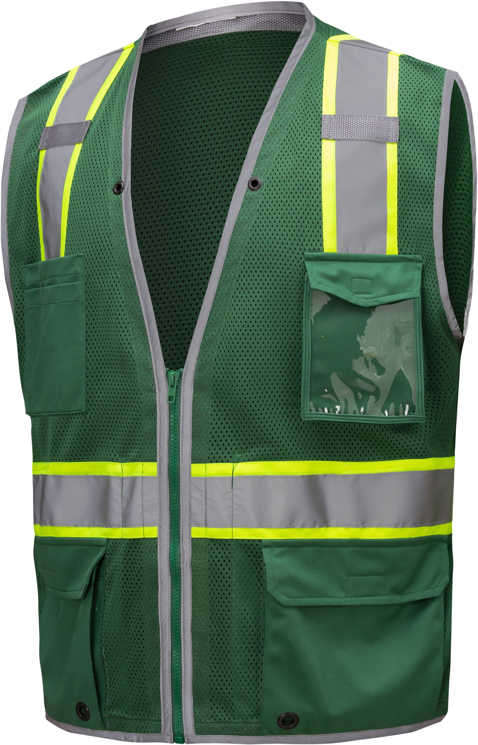 Green hi-vis mesh safety vest with silver reflective stripes from GlowSafetyVest
