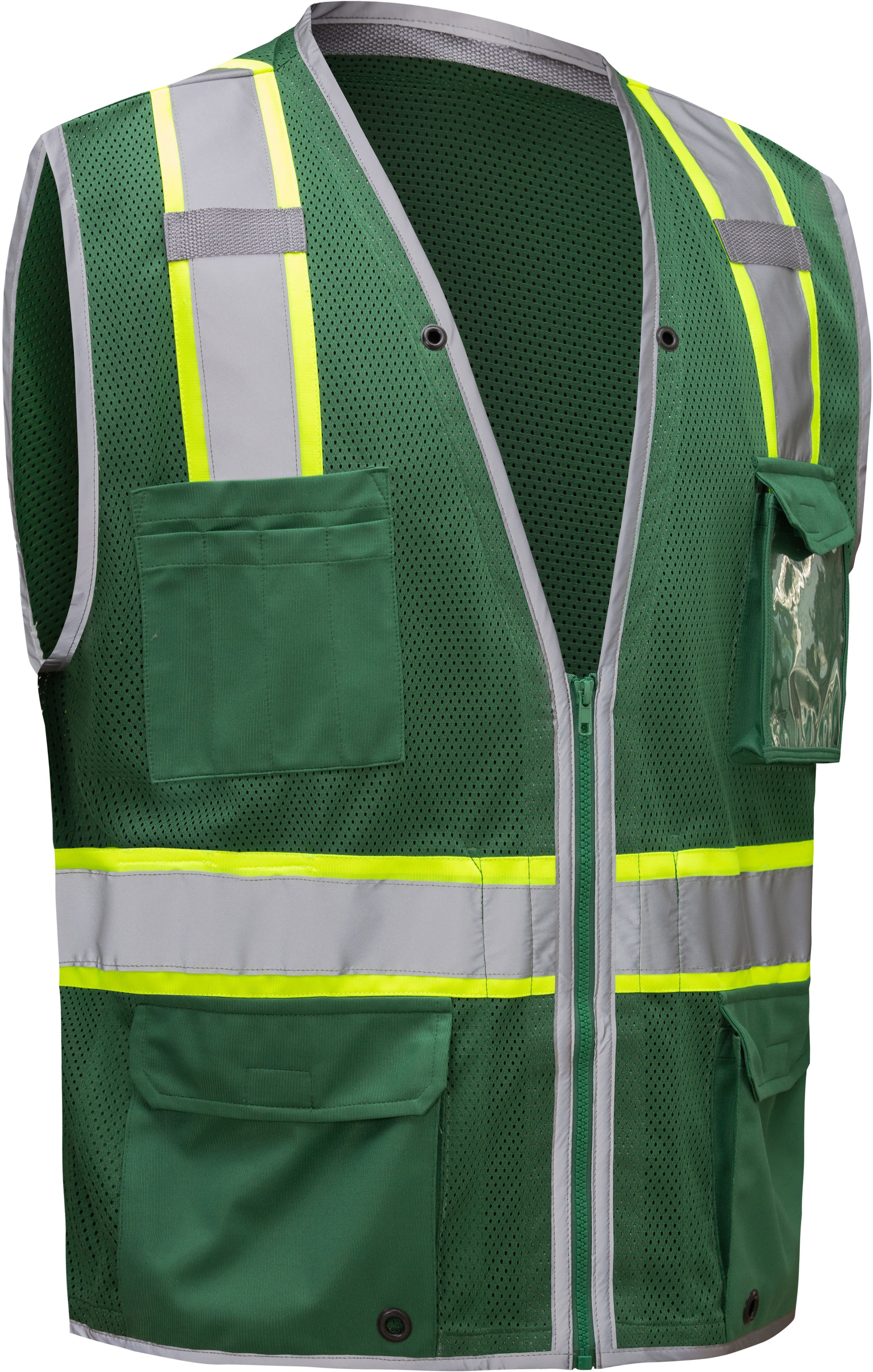Green hi-vis mesh safety vest with silver reflective stripes from GlowSafetyVest