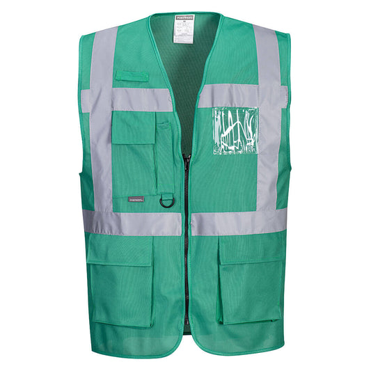 Green executive safety vest with reflective tape from GlowSafetyVest