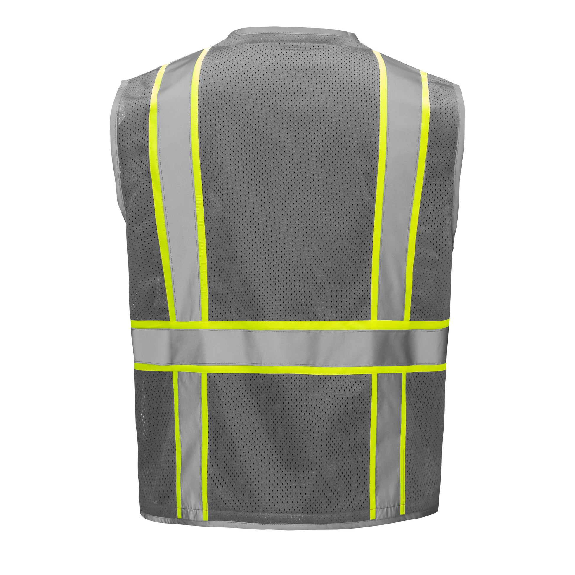 Gray hi-vis mesh safety vest with yellow and silver reflective stripes from GlowSafetyVest