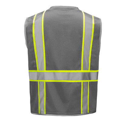 Gray hi-vis mesh safety vest with yellow and silver reflective stripes from GlowSafetyVest