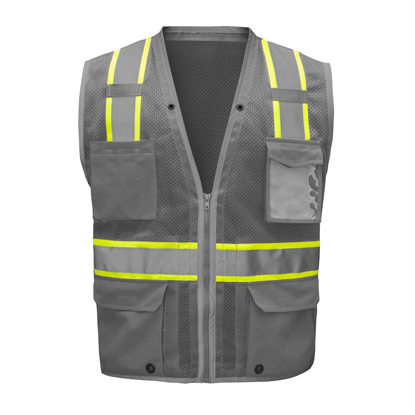 Gray hi-vis mesh safety vest with yellow and silver reflective stripes from GlowSafetyVest