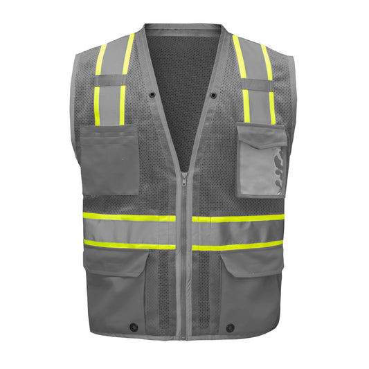 Gray hi-vis mesh safety vest with yellow and silver reflective stripes from GlowSafetyVest