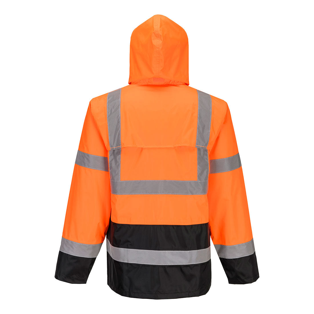 Orange and black reflective safety jacket Orange safety jacket with reflective stripes from GlowSafetyVest