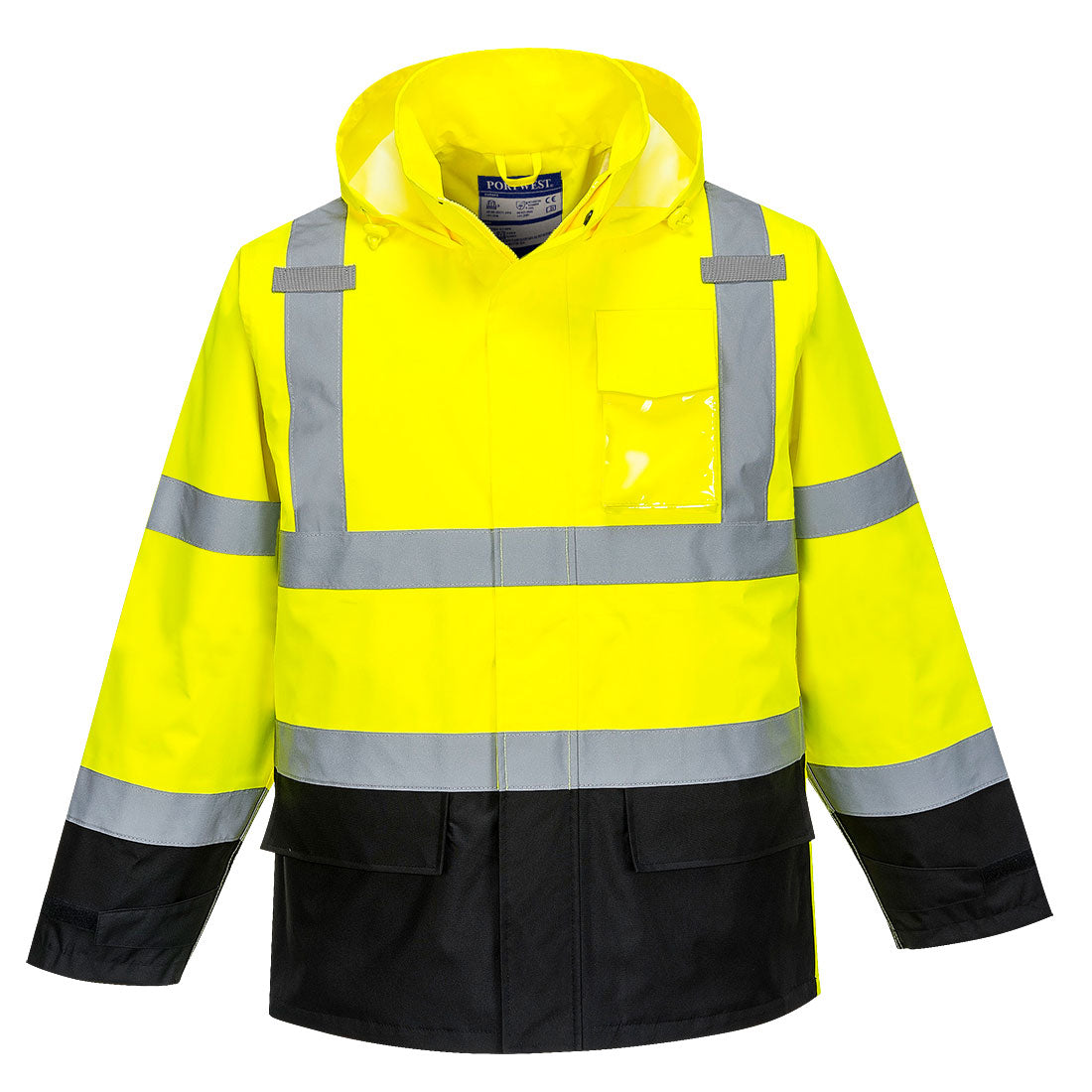 High-visibility yellow and black jacket with reflective stripes Orange safety jacket with reflective stripes from GlowSafetyVest