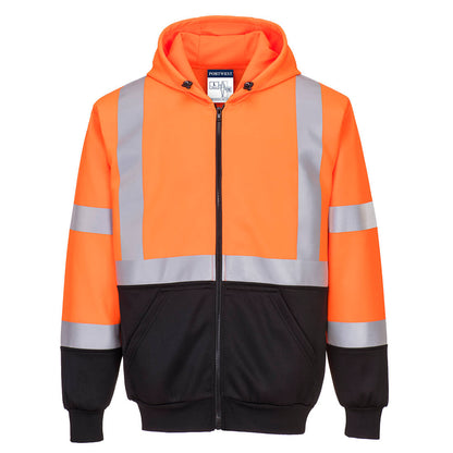 Orange and black h-vis safety hoodie jacket with reflective stripes from GlowSafetyvest