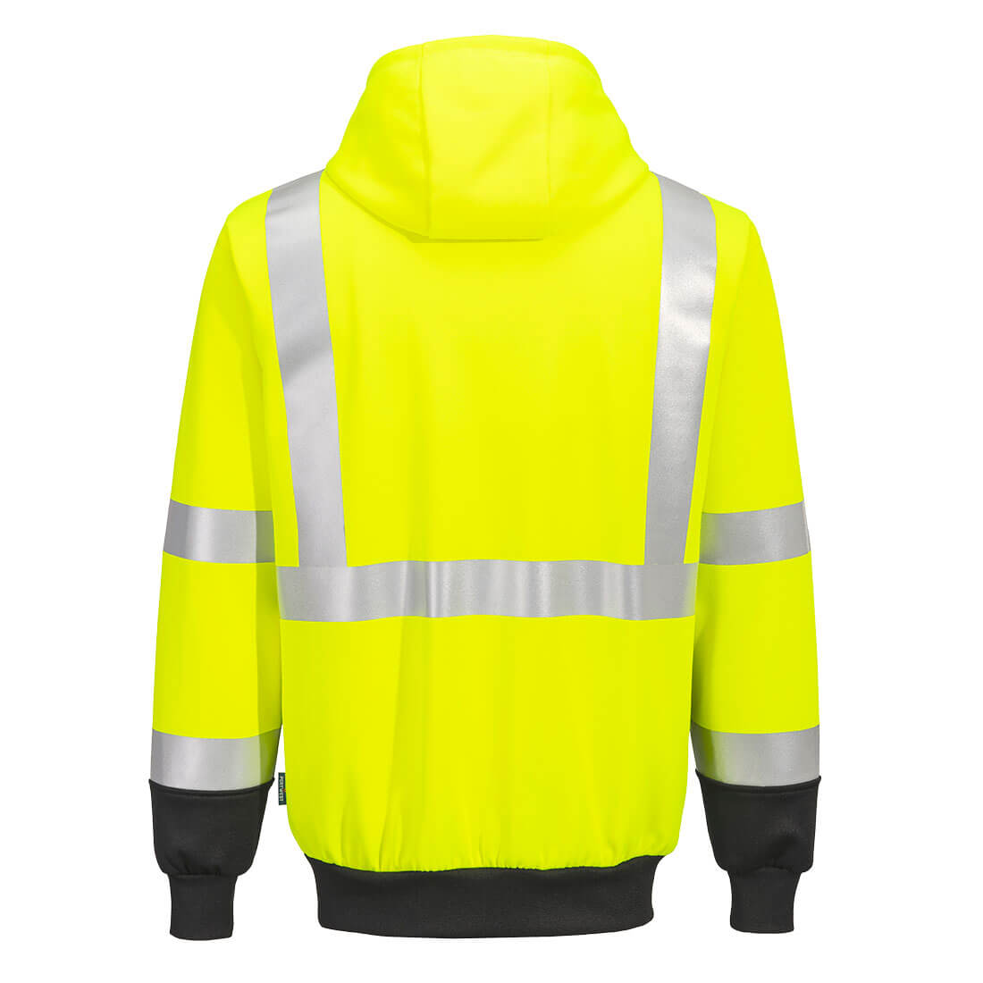 High-visibility yellow and black safety hoodie with reflective stripes from GlowSafetyVest