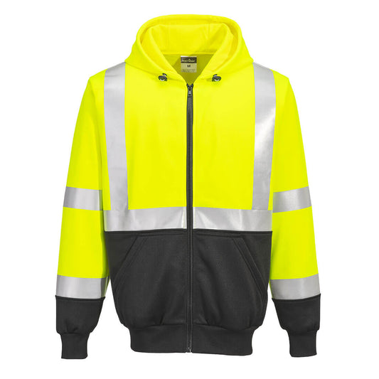 High-visibility yellow and black safety hoodie with reflective stripes from GlowSafetyVest