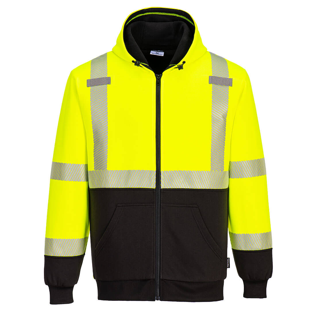 Yellow and Black High-visibility jacket with segmented reflective stripes from GlowSafetyVest