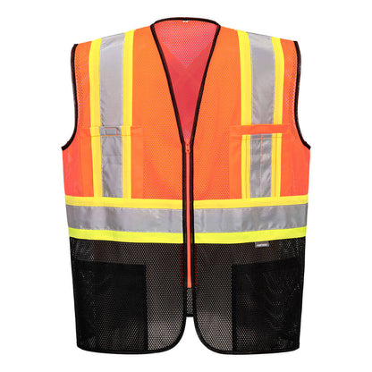 Orange and black safety vest with X back and reflective tape from GlowSafetyVest