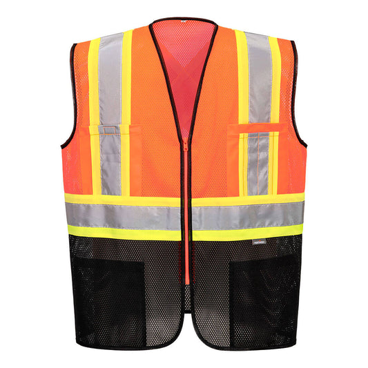 Orange and black safety vest with X back and reflective tape from GlowSafetyVest