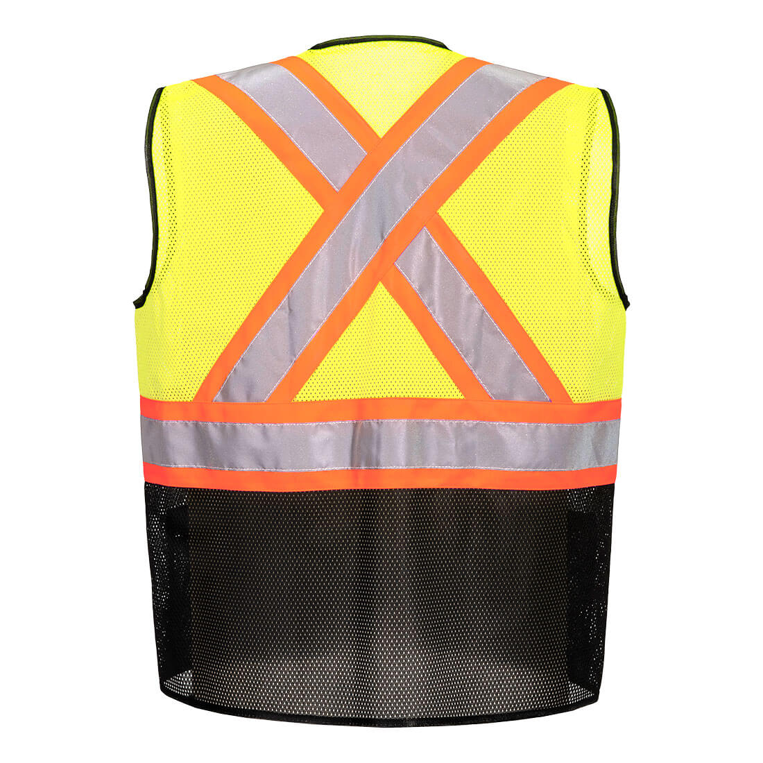 Yellow and black contrast mesh safety vest with X back and reflective tape from GlowSafetyVest