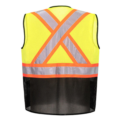 Yellow and black contrast mesh safety vest with X back and reflective tape from GlowSafetyVest