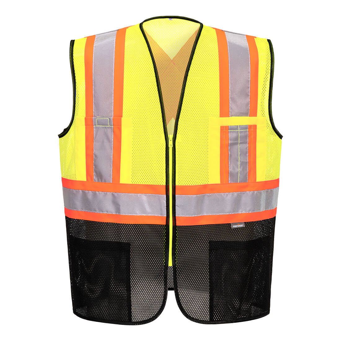 Yellow and black contrast mesh safety vest with X back and reflective tape from GlowSafetyVest