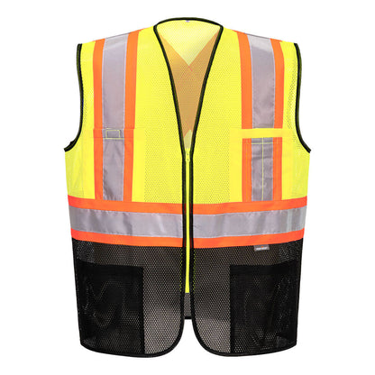 Yellow and black contrast mesh safety vest with X back and reflective tape from GlowSafetyVest