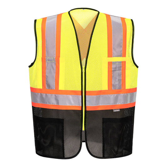 Yellow and black contrast mesh safety vest with X back and reflective tape from GlowSafetyVest