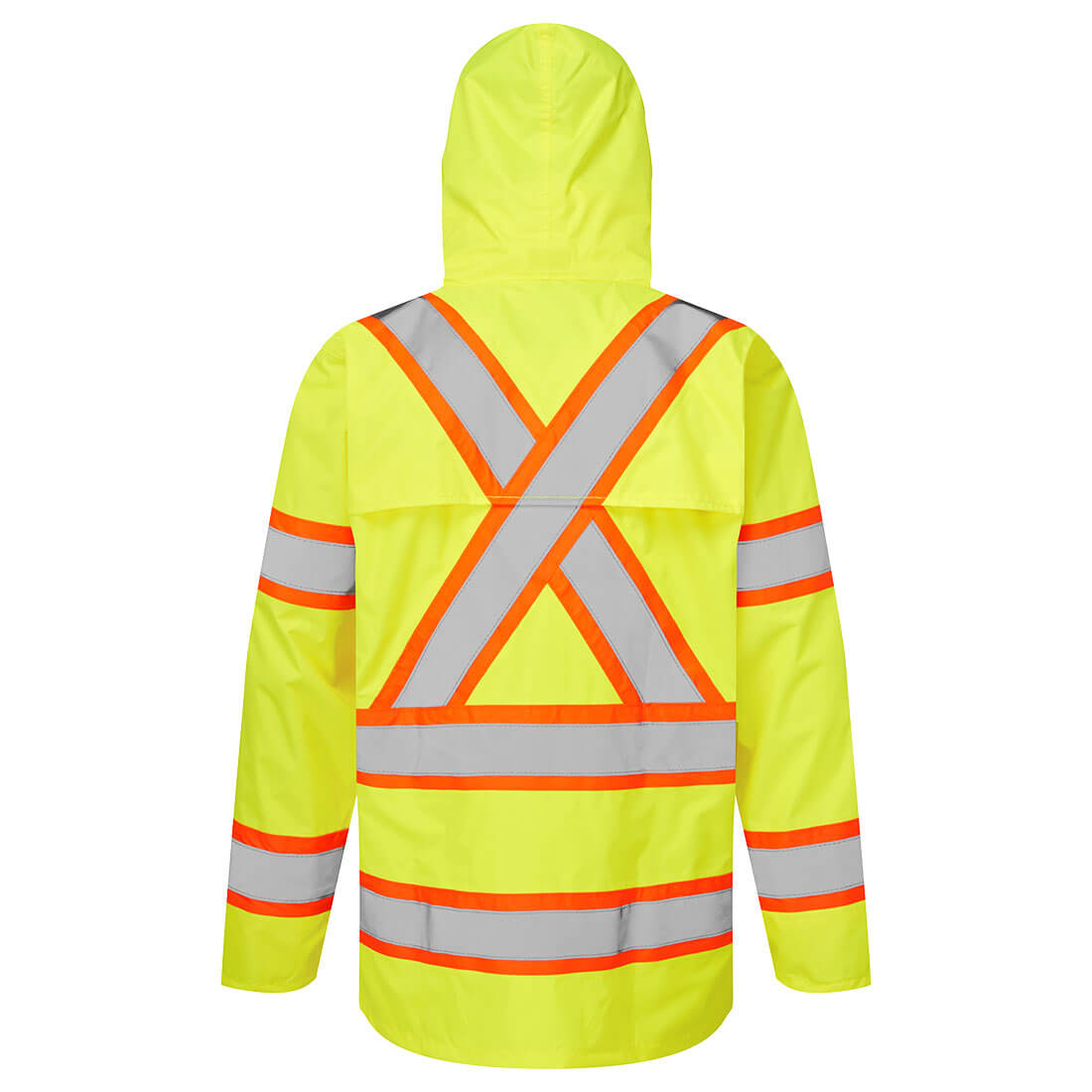 High-visibility yellow safety jacket with reflective orange and silver stripes from GlowSafetyVest