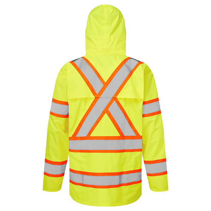 High-visibility yellow safety jacket with reflective orange and silver stripes from GlowSafetyVest